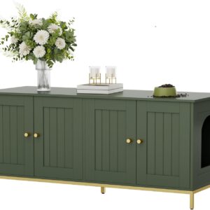Homhedy Cat Litter Box Enclosure for 2 Cats, Litter Box Furniture Hidden with Double Room, Cat House, 47.2”L x 17.7”W x 21.7”H, Green and Gold