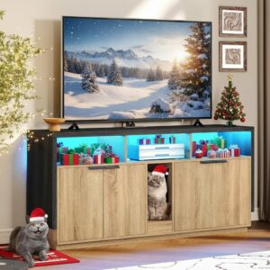DWVO Cat Litter Box Enclosure for 2 Cats, Litter Box Furniture Hidden with Power Outlet & LED Light, Wooden Cat Cabinet TV Stand Furniture w Double Rooms for Indoor Cats, 59" L x15.7 W x27.5 H, Oak