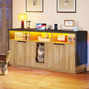 Alternative view of DWVO Cat Litter Box Enclosure for 2 Cats, Litter Box Furniture Hidden with Power Outlet & LED Light, Wooden Cat Cabinet TV Stand Furniture w Double Rooms for Indoor Cats, 59" L x15.7 W x27.5 H, Oak