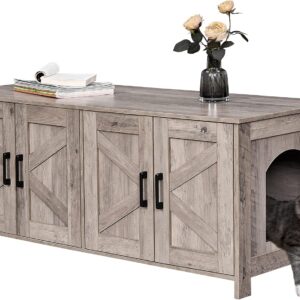 Homhedy Cat Litter Box Enclosure for 2 Cats, Litter Box Furniture Hidden with Double Room,Wooden Cat Washroom Furniture,Cat House,47.2”L x 19.7”W x 19.7”H,Greige